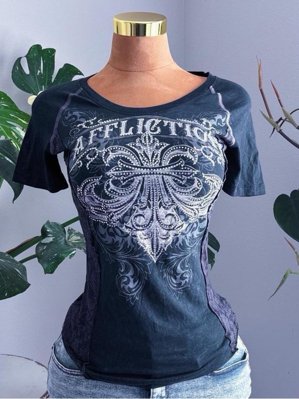Y2K Affliction Rhinestone Cross Acid Wash Baby Tee Black Gray Size Small